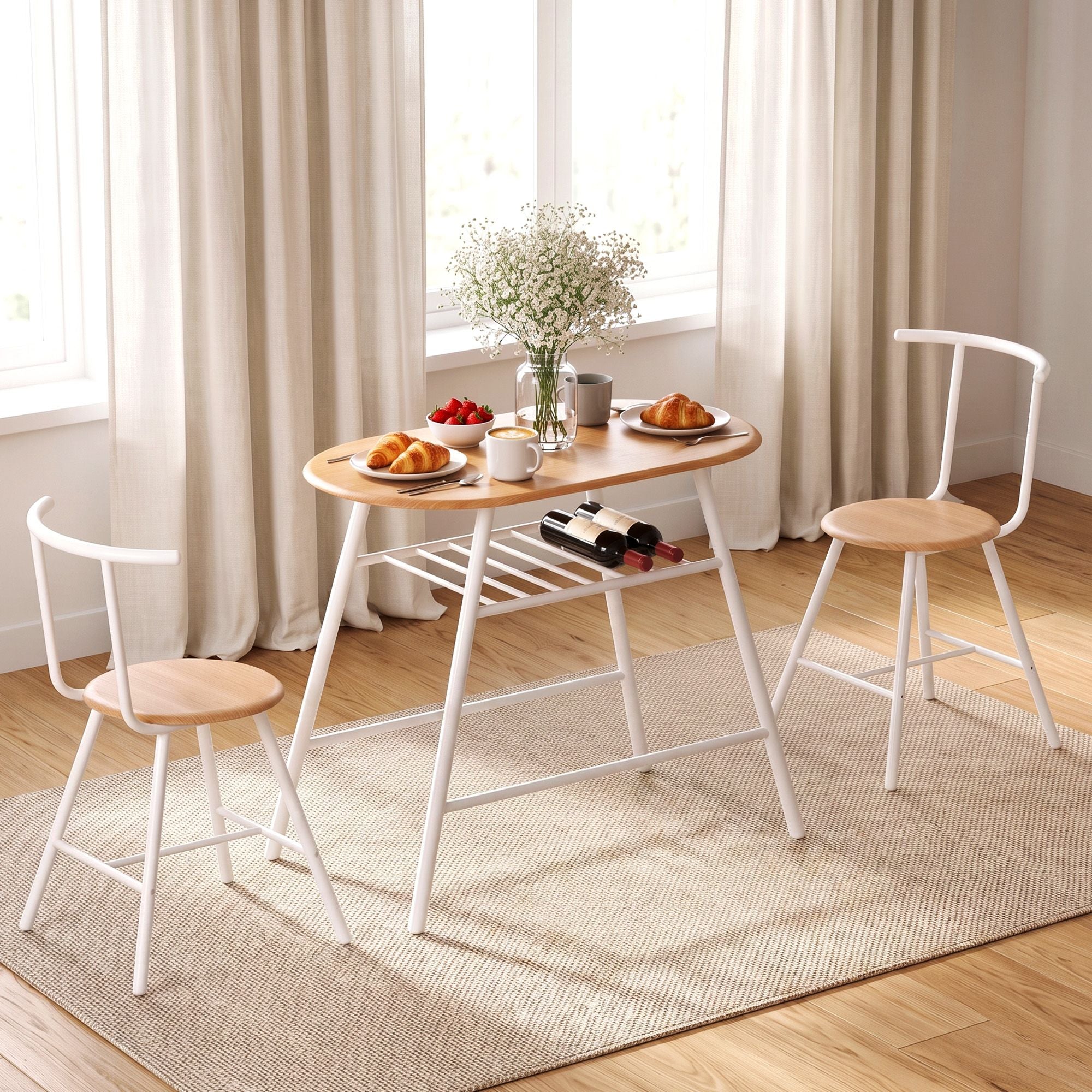 Artiss Oval Dining Table Set 3PC Space-Saving Bistro Kitchen Storage Wine Rack Natural White