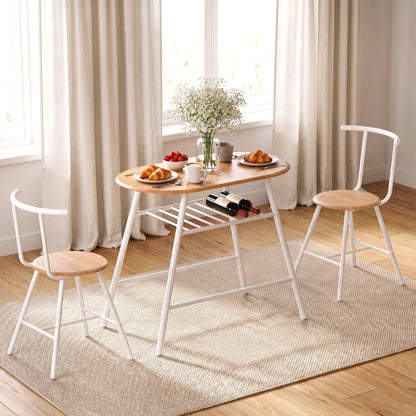 Artiss Oval Dining Table Set 3PC Space-Saving Bistro Kitchen Storage Wine Rack Natural White