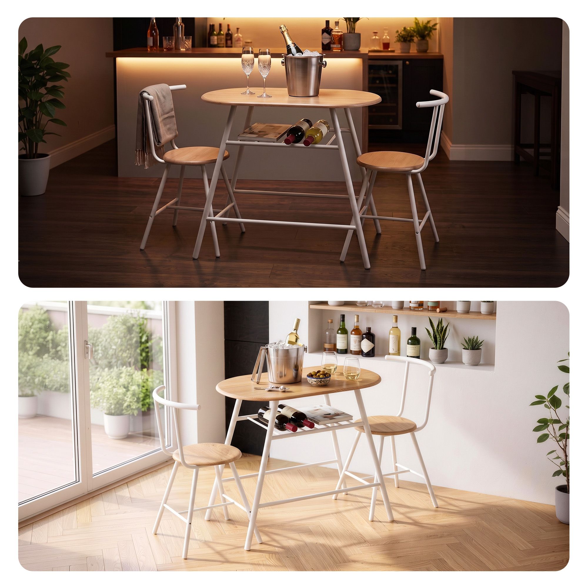 Artiss Oval Dining Table Set 3PC Space-Saving Bistro Kitchen Storage Wine Rack Natural White