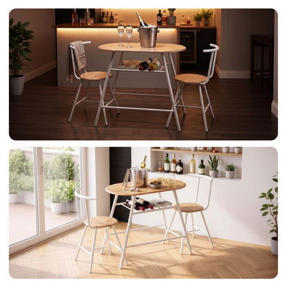 Artiss Oval Dining Table Set 3PC Space-Saving Bistro Kitchen Storage Wine Rack Natural White