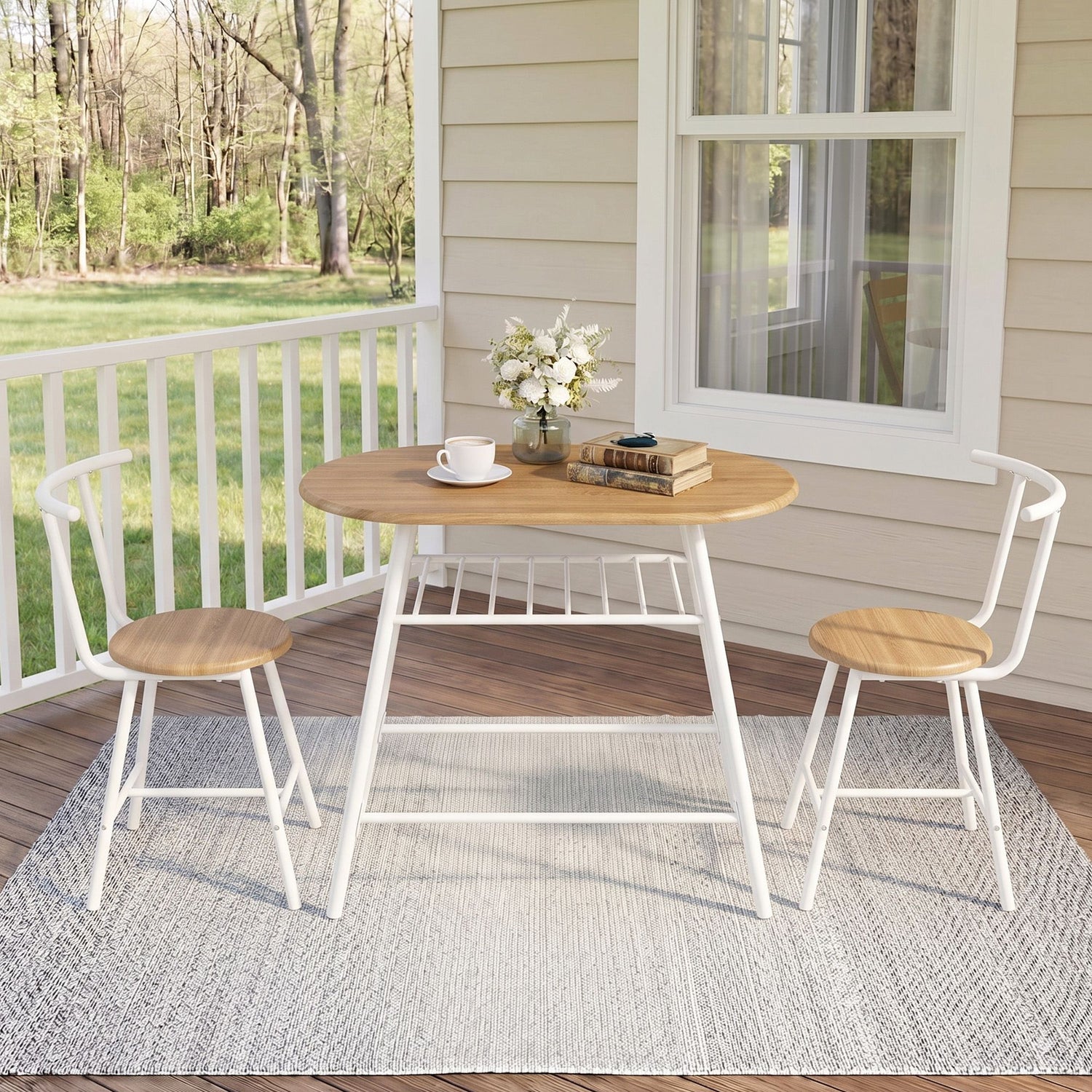 Artiss Oval Dining Table Set 3PC Space-Saving Bistro Kitchen Storage Wine Rack Natural White