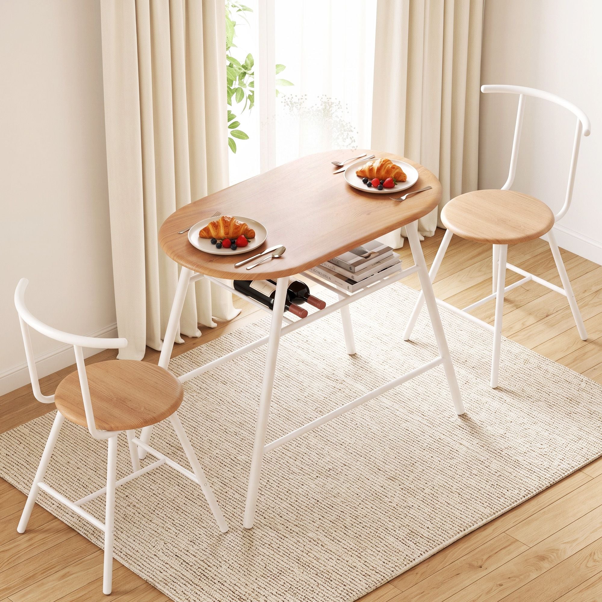 Artiss Oval Dining Table Set 3PC Space-Saving Bistro Kitchen Storage Wine Rack Natural White