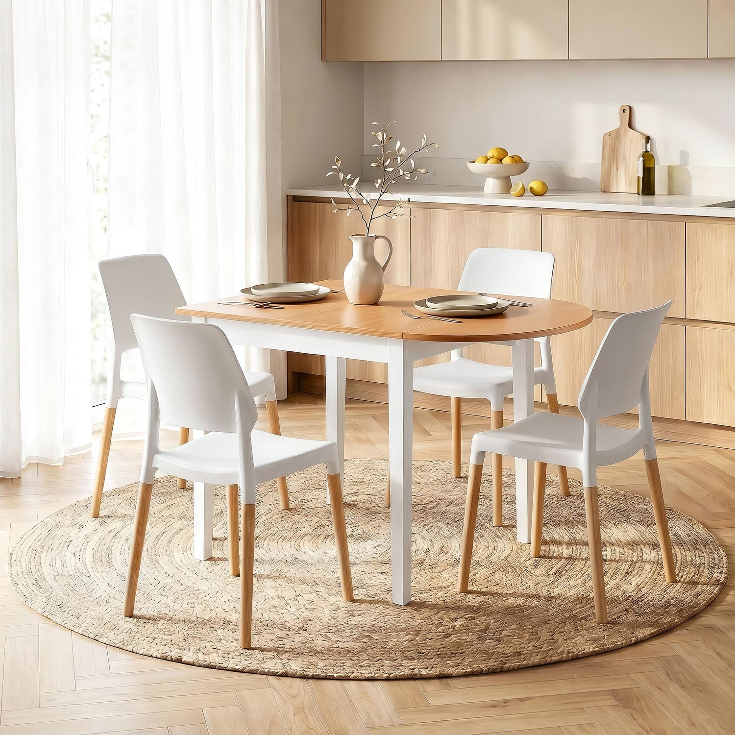 Artiss Dining Table and Chairs Set 5PCS, 75-110cm Drop-Leaf Table, with 4 Dining Chairs White Wooden, 4 Seater Dining Table Set for Kitchen, Apartment, Café
