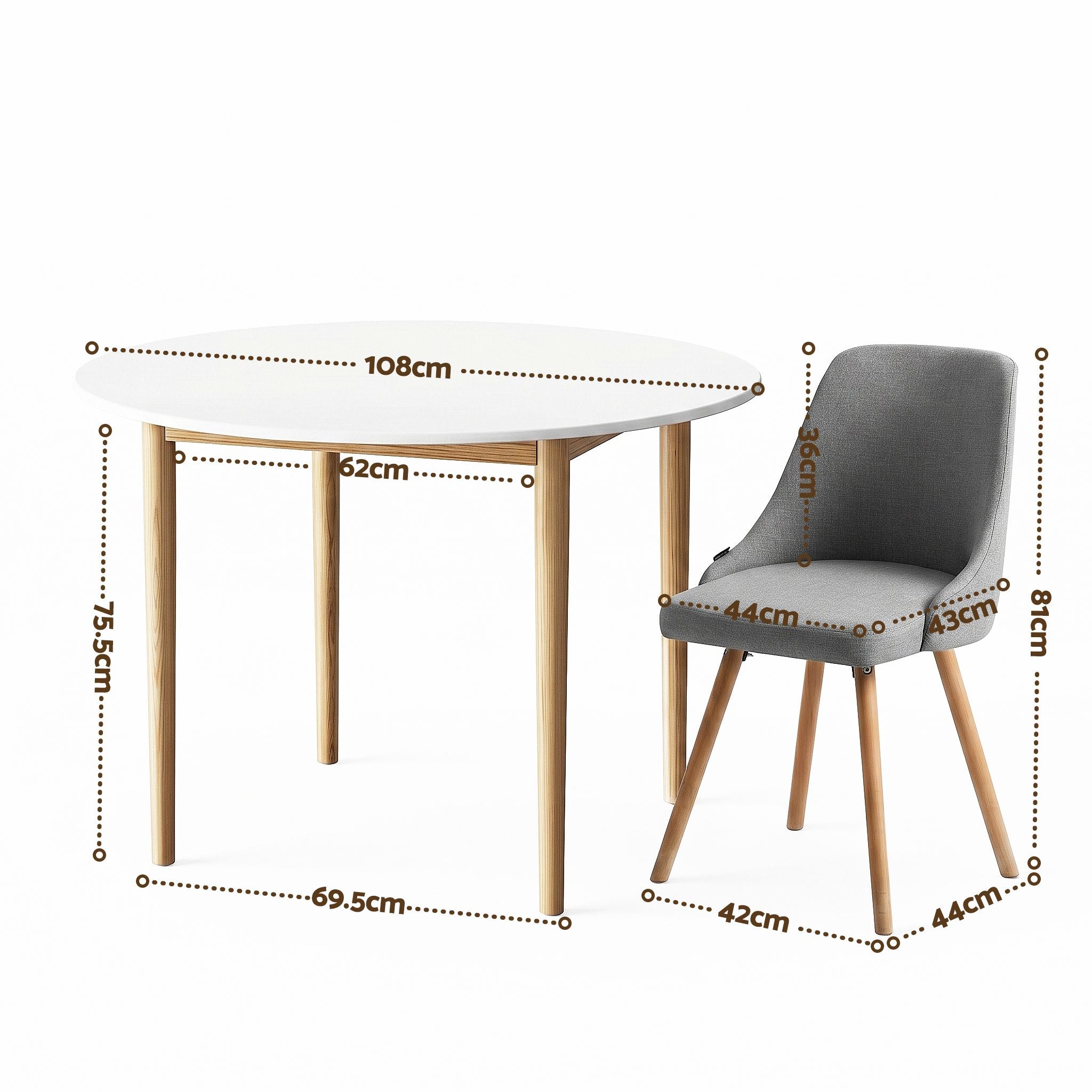 Artiss Round Dining Table and Chairs Set 5pcs Compact Kitchen Furniture White Natural Wood &amp; Grey