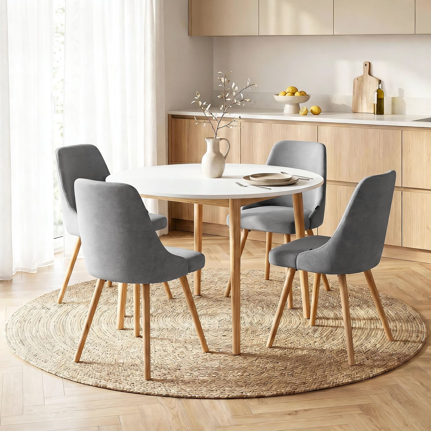 Artiss Round Dining Table and Chairs Set 5pcs Compact Kitchen Furniture White Natural Wood &amp; Grey