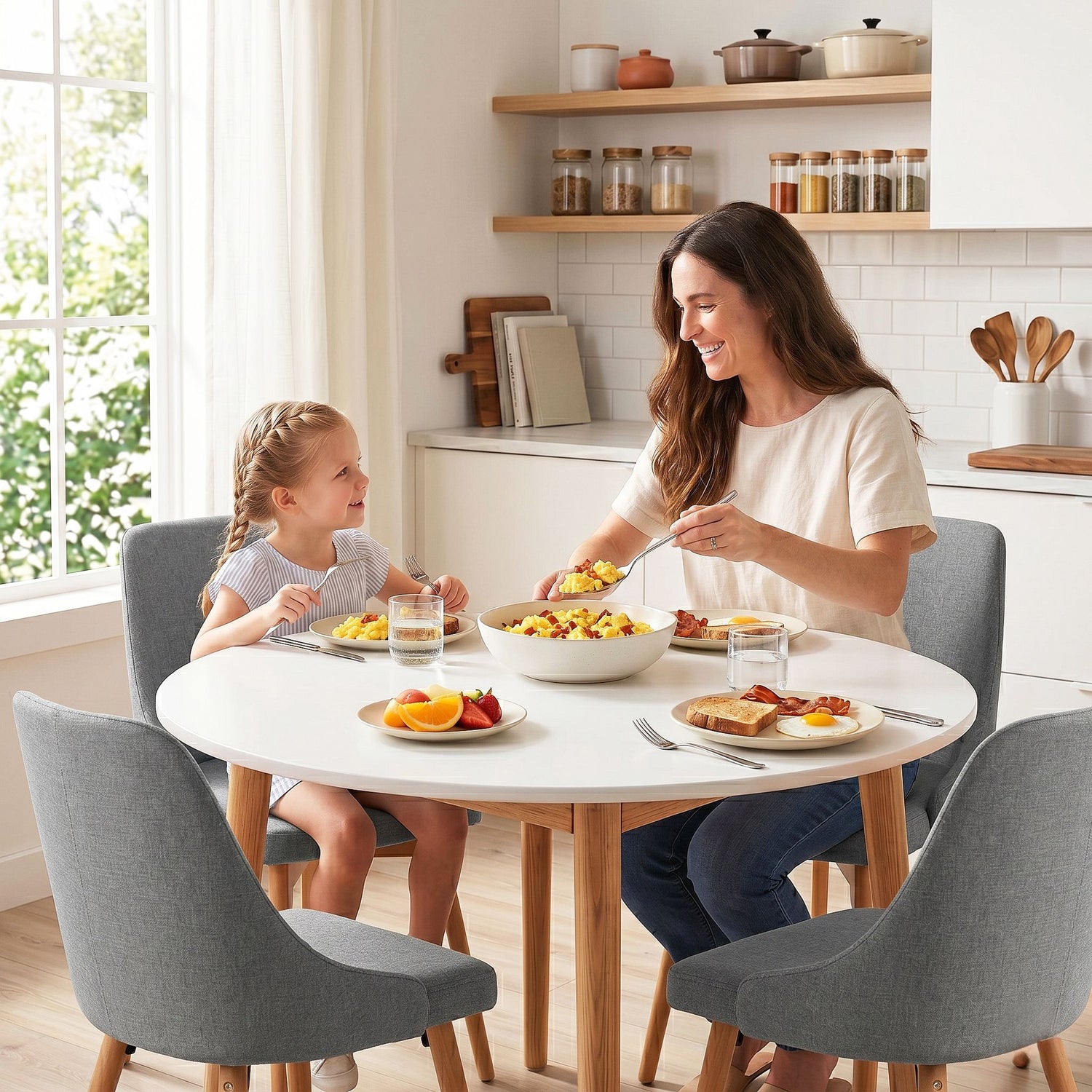 Artiss Round Dining Table and Chairs Set 5pcs Compact Kitchen Furniture White Natural Wood &amp; Grey