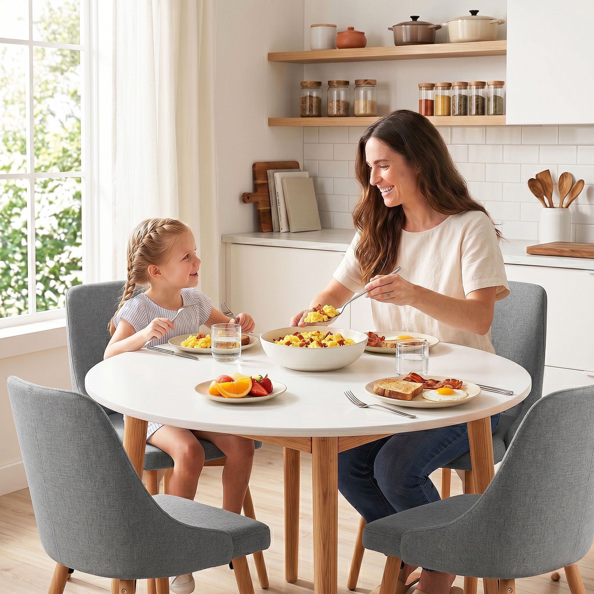 Artiss Round Dining Table and Chairs Set 5pcs Compact Kitchen Furniture White Natural Wood &amp; Grey