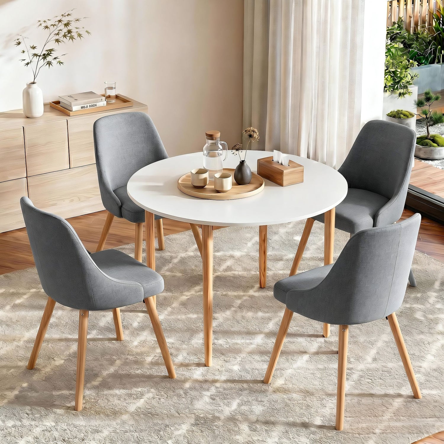 Artiss Round Dining Table and Chairs Set 5pcs Compact Kitchen Furniture White Natural Wood &amp; Grey