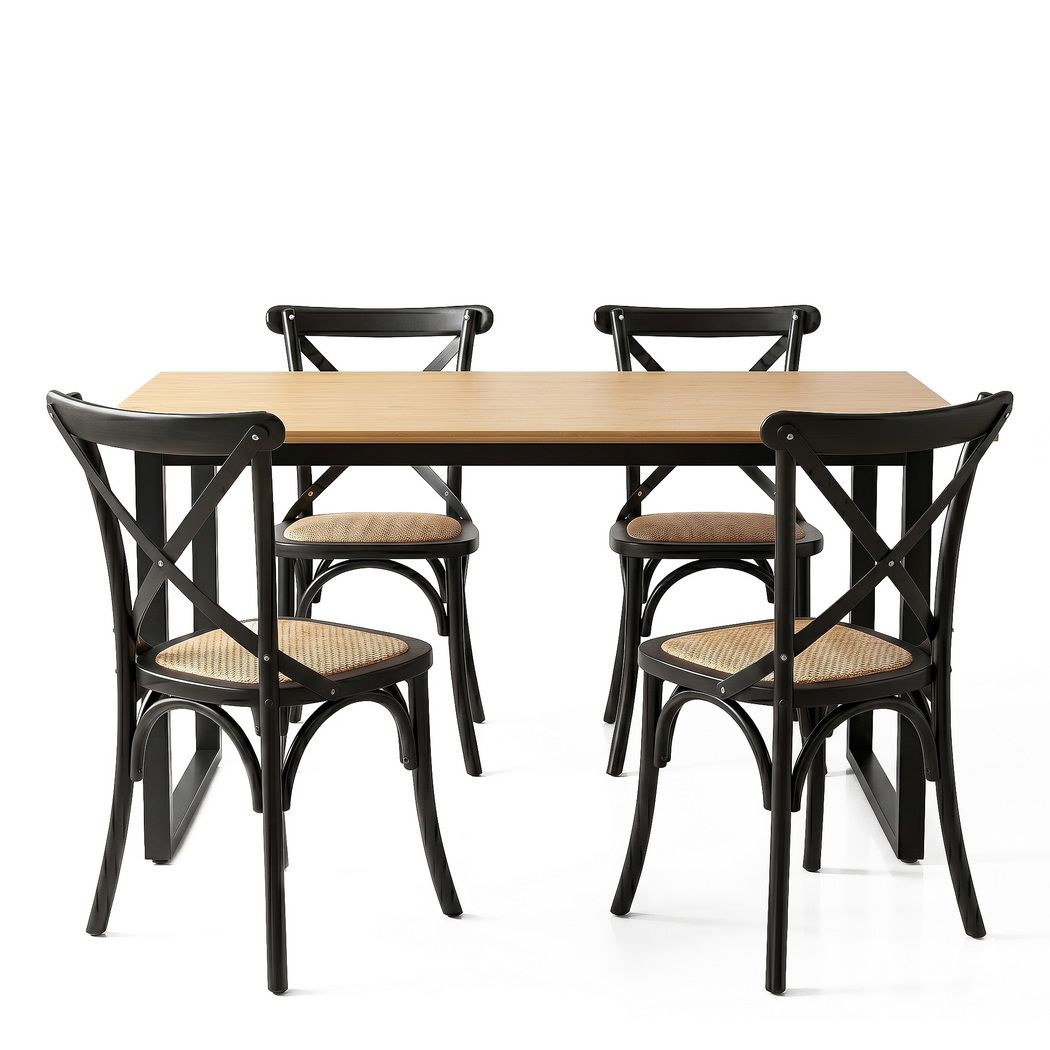 Artiss Dining Table and Chairs Set 5PCS Industrial 4 Black Rattan Chairs for Kitchen, Dining Room, Café-Furniture > Dining > Dining Set-PEROZ Accessories