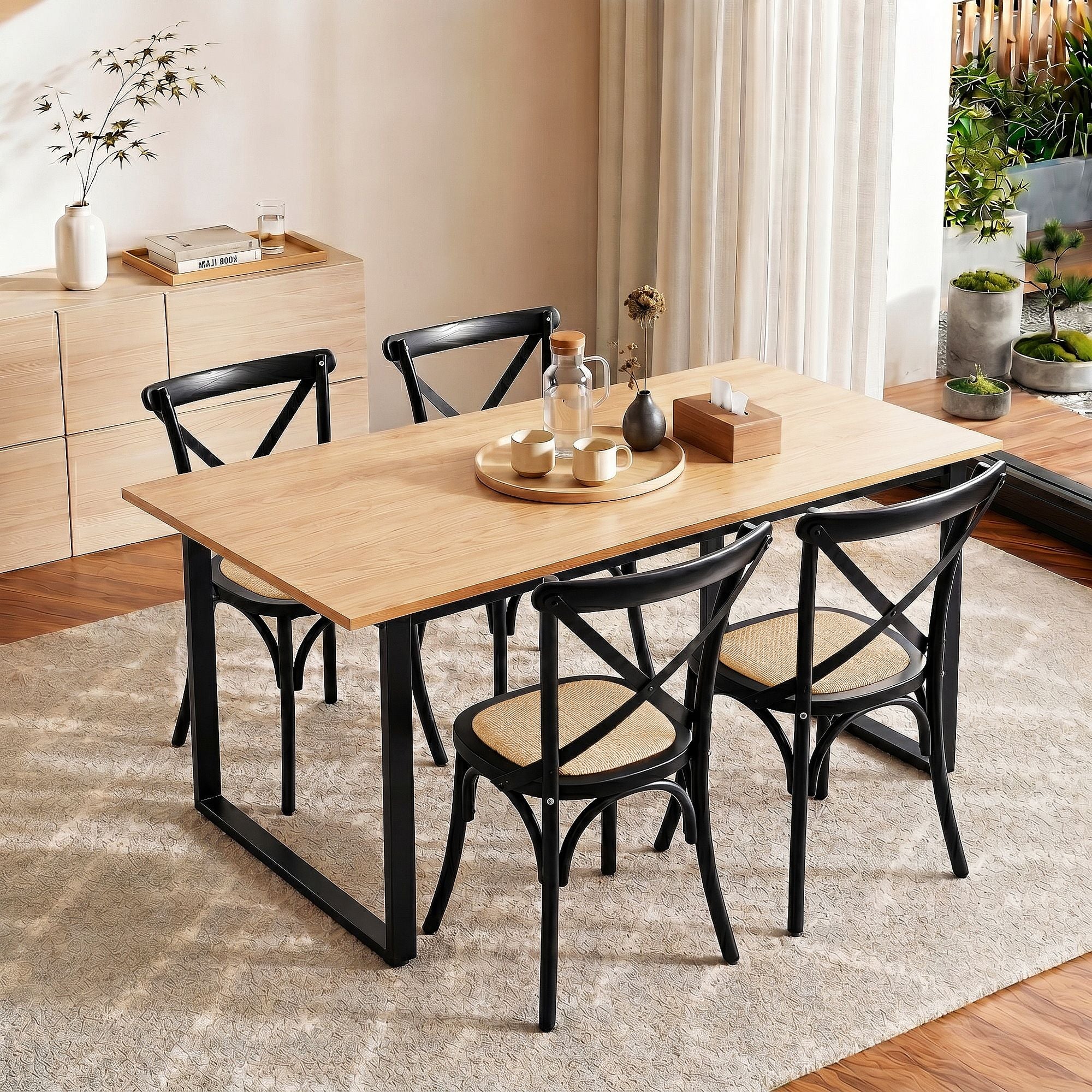 Artiss Dining Table and Chairs Set 5PCS Industrial 4 Black Rattan Chairs for Kitchen, Dining Room, Café