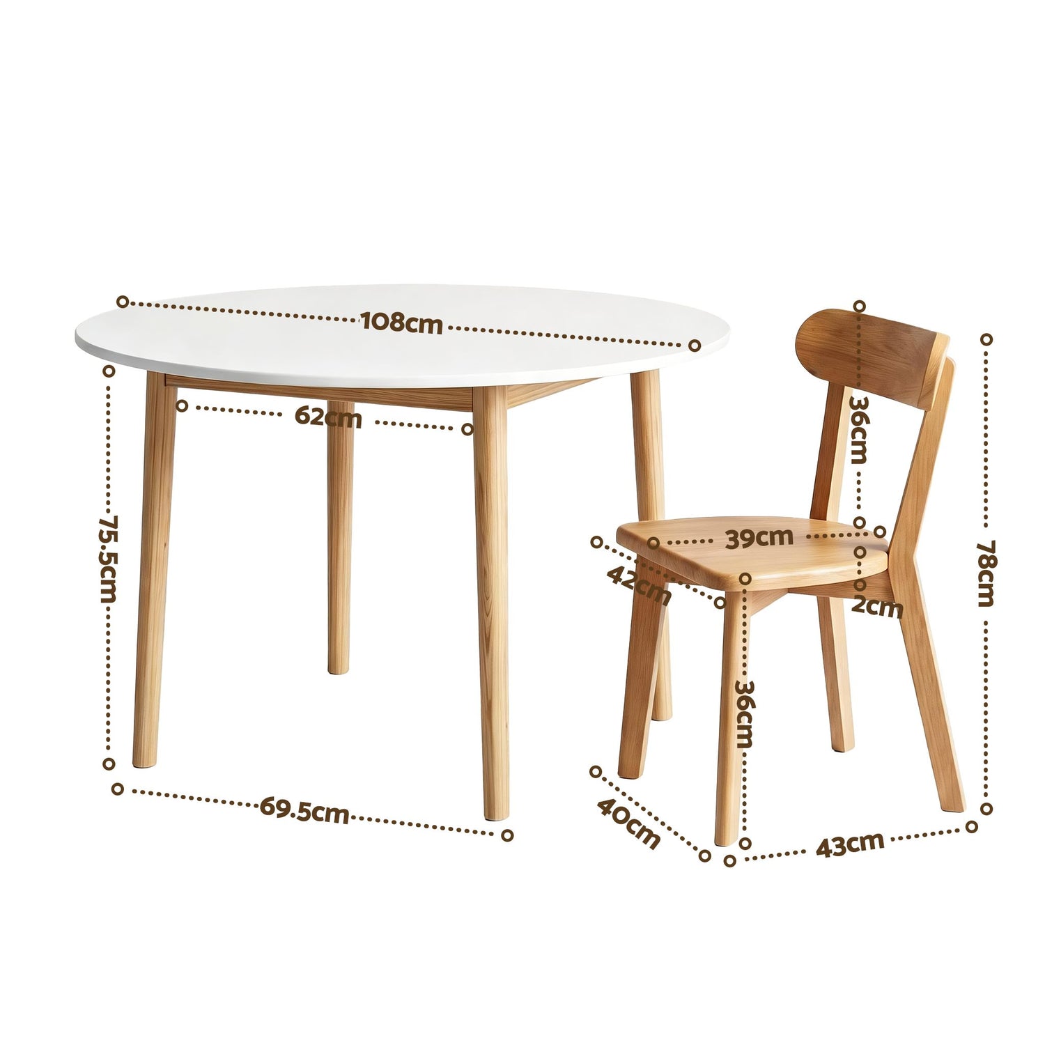 Artiss Round Dining Table and Chairs Set 5 PCS, 108cm Compact Kitchen Table Set with Solid Pine Wood Legs &amp; 4 Ergonomic Rubber Wood Chairs,White Timber Dining Set for Small Space
