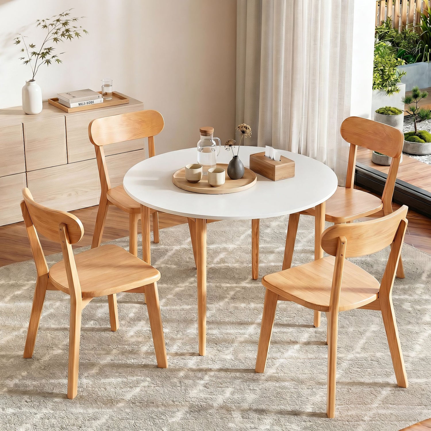 Artiss Round Dining Table and Chairs Set 5 PCS, 108cm Compact Kitchen Table Set with Solid Pine Wood Legs &amp; 4 Ergonomic Rubber Wood Chairs,White Timber Dining Set for Small Space