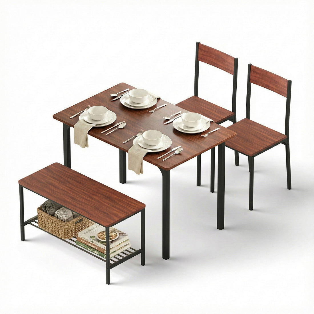 Artiss Dining Table and Chairs Set of 4 Storage Bench Kitchen Furniture Walnut-Furniture > Dining > Dining Set-PEROZ Accessories