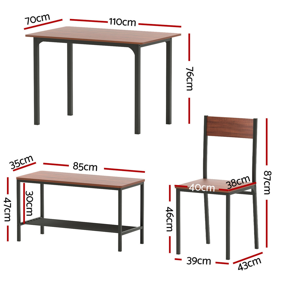 Artiss Dining Table and Chairs Set of 4 Storage Bench Kitchen Furniture Walnut-Furniture > Dining > Dining Set-PEROZ Accessories