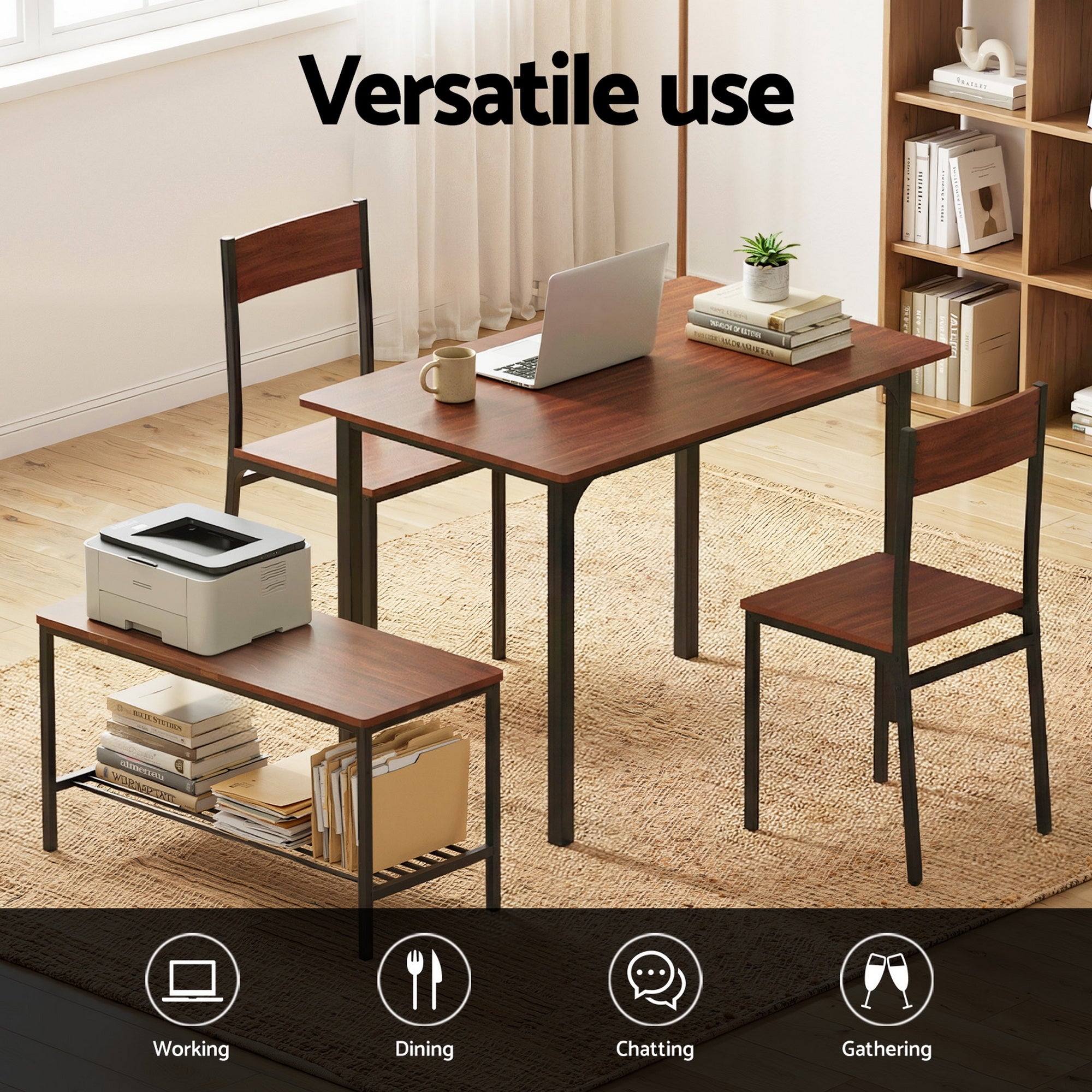 Artiss Dining Table and Chairs Set of 4 Storage Bench Kitchen Furniture Walnut-Furniture > Dining > Dining Set-PEROZ Accessories