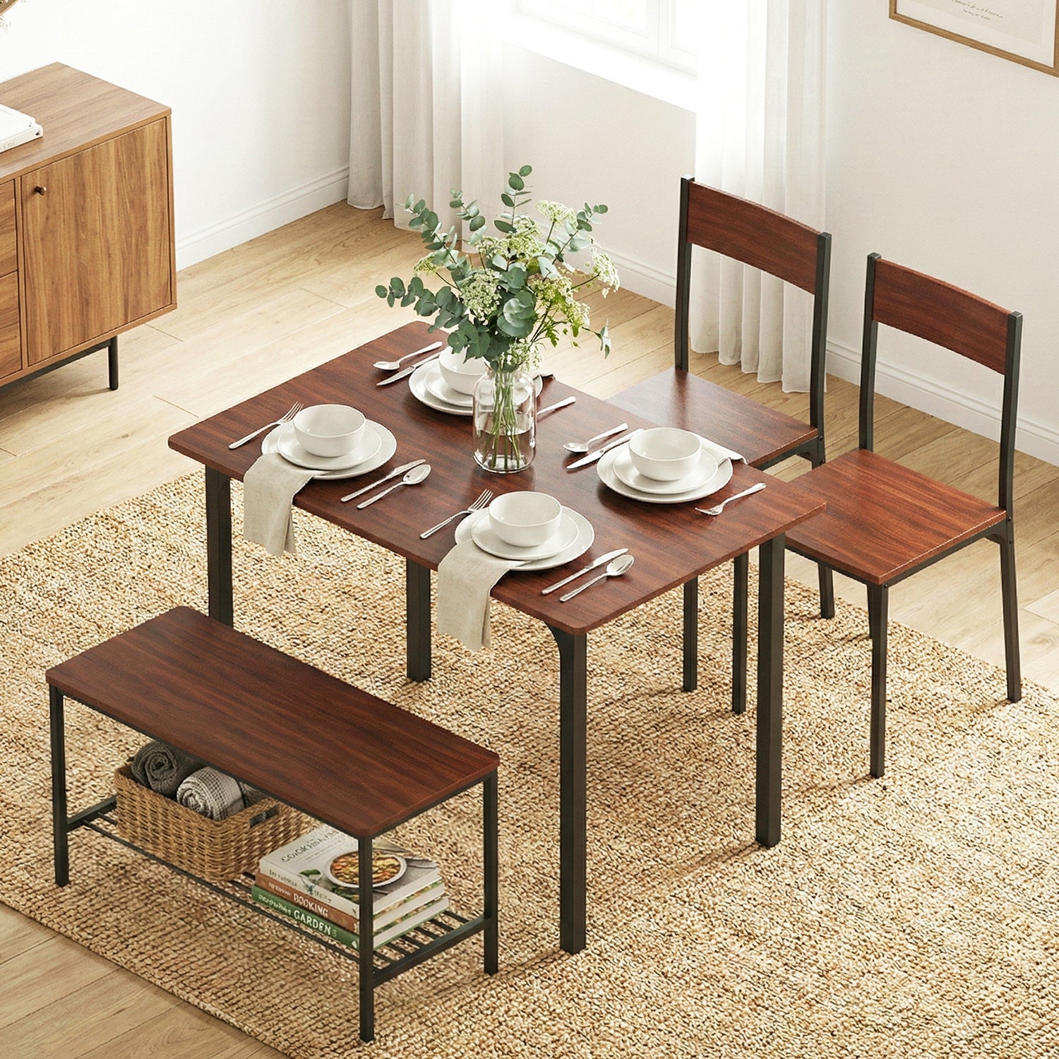 Artiss Dining Table and Chairs Set of 4 Storage Bench Kitchen Furniture Walnut-Furniture > Dining > Dining Set-PEROZ Accessories