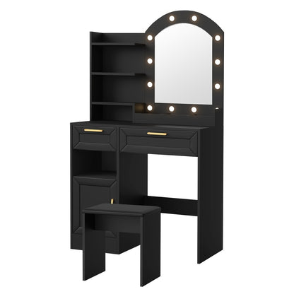 Oikiture Dressing Table Stool Set Arch Mirror 12 LED Bulbs Black-Dressing Table-PEROZ Accessories
