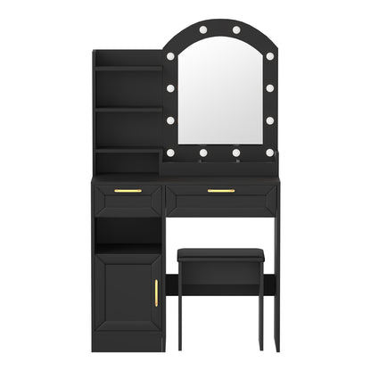Oikiture Dressing Table Stool Set Arch Mirror 12 LED Bulbs Black-Dressing Table-PEROZ Accessories
