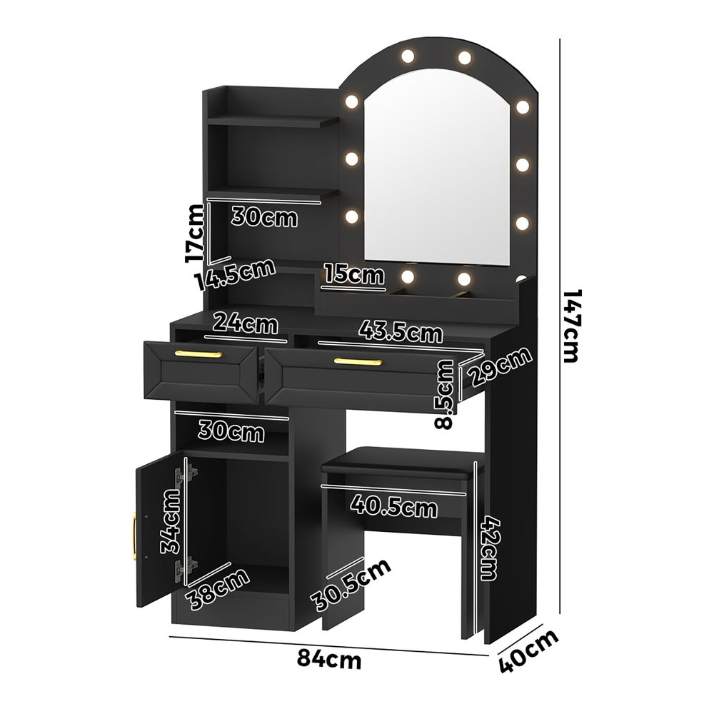 Oikiture Dressing Table Stool Set Arch Mirror 12 LED Bulbs Black-Dressing Table-PEROZ Accessories