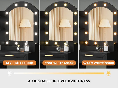 Oikiture Dressing Table Stool Set Arch Mirror 12 LED Bulbs Black-Dressing Table-PEROZ Accessories