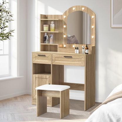 Oikiture Dressing Table Stool Set Arch Mirror 12 LED Bulbs Natural-Dressing Table-PEROZ Accessories