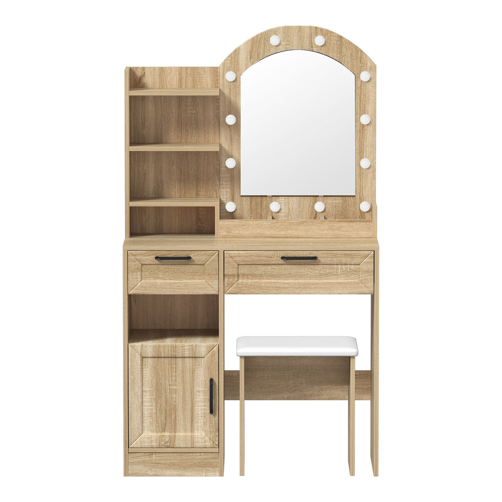Oikiture Dressing Table Stool Set Arch Mirror 12 LED Bulbs Natural-Dressing Table-PEROZ Accessories