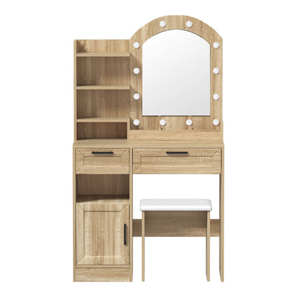 Oikiture Dressing Table Stool Set Arch Mirror 12 LED Bulbs Natural-Dressing Table-PEROZ Accessories