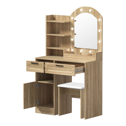 Oikiture Dressing Table Stool Set Arch Mirror 12 LED Bulbs Natural-Dressing Table-PEROZ Accessories