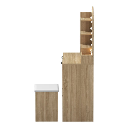 Oikiture Dressing Table Stool Set Arch Mirror 12 LED Bulbs Natural-Dressing Table-PEROZ Accessories