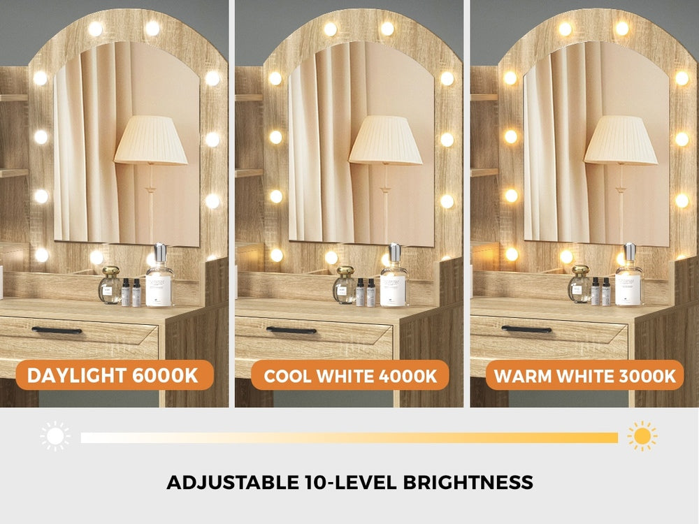 Oikiture Dressing Table Stool Set Arch Mirror 12 LED Bulbs Natural-Dressing Table-PEROZ Accessories
