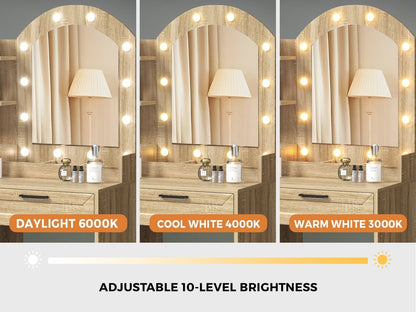 Oikiture Dressing Table Stool Set Arch Mirror 12 LED Bulbs Natural-Dressing Table-PEROZ Accessories