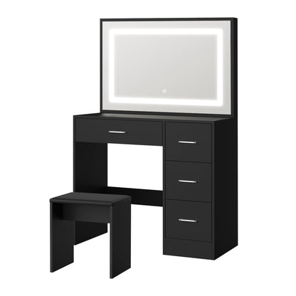 Oikiture Dressing Table Stool Set Large Mirror LED Light Black-Dressing Table-PEROZ Accessories