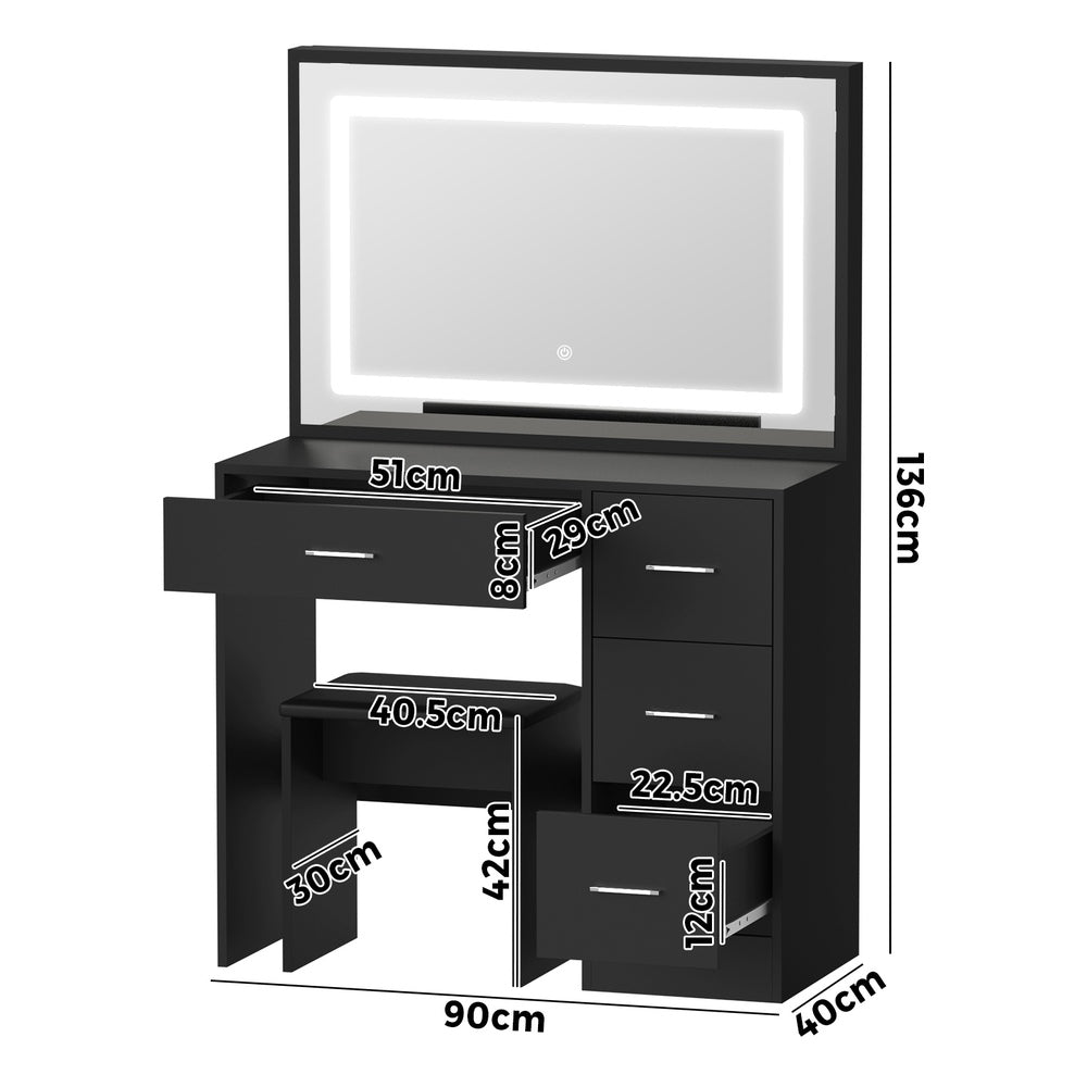 Oikiture Dressing Table Stool Set Large Mirror LED Light Black-Dressing Table-PEROZ Accessories