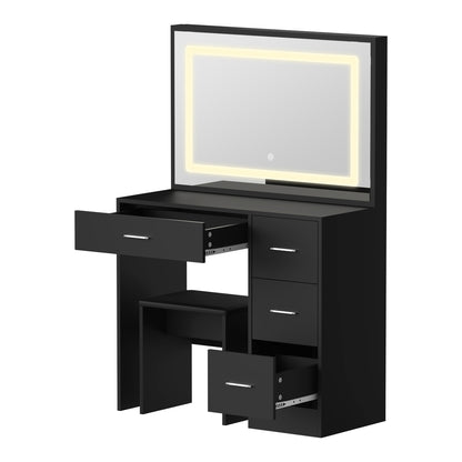 Oikiture Dressing Table Stool Set Large Mirror LED Light Black-Dressing Table-PEROZ Accessories
