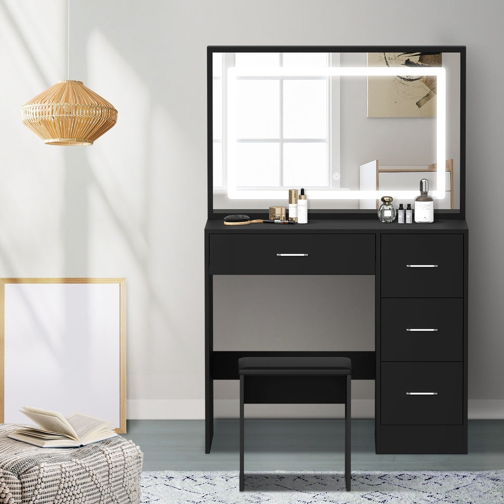 Oikiture Dressing Table Stool Set Large Mirror LED Light Black-Dressing Table-PEROZ Accessories