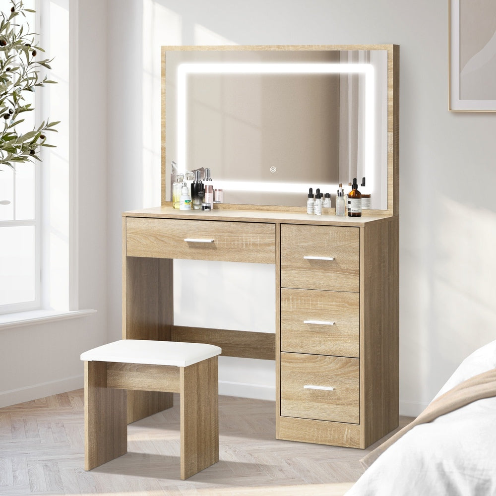 Oikiture Dressing Table Stool Set Large Mirror LED Light Natural-Dressing Table-PEROZ Accessories