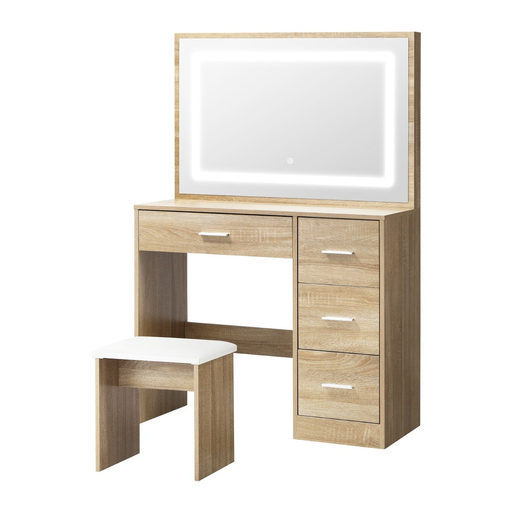 Oikiture Dressing Table Stool Set Large Mirror LED Light Natural-Dressing Table-PEROZ Accessories