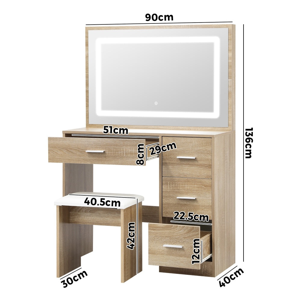 Oikiture Dressing Table Stool Set Large Mirror LED Light Natural-Dressing Table-PEROZ Accessories