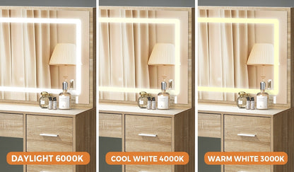 Oikiture Dressing Table Stool Set Large Mirror LED Light Natural-Dressing Table-PEROZ Accessories