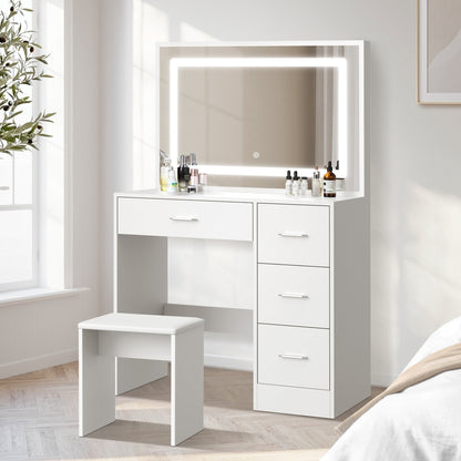 Oikiture Dressing Table Stool Set Large Mirror LED Light White-Dressing Table-PEROZ Accessories