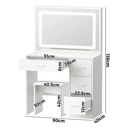 Oikiture Dressing Table Stool Set Large Mirror LED Light White-Dressing Table-PEROZ Accessories