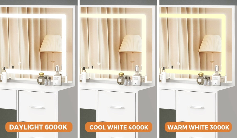 Oikiture Dressing Table Stool Set Large Mirror LED Light White-Dressing Table-PEROZ Accessories