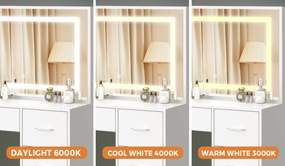 Oikiture Dressing Table Stool Set Large Mirror LED Light White-Dressing Table-PEROZ Accessories