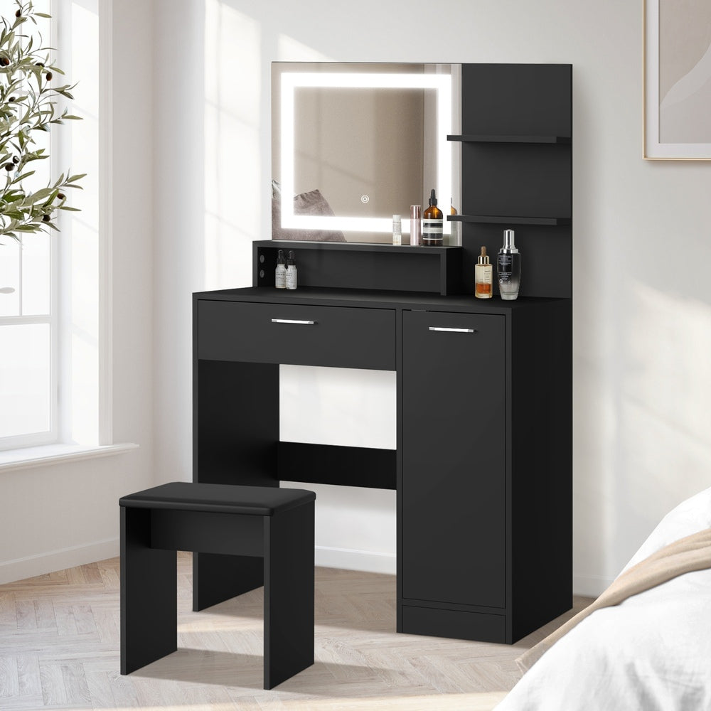 Oikiture Dressing Table Stool Set LED Light Large Cabinet Black-Dressing Table-PEROZ Accessories