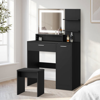 Oikiture Dressing Table Stool Set LED Light Large Cabinet Black-Dressing Table-PEROZ Accessories