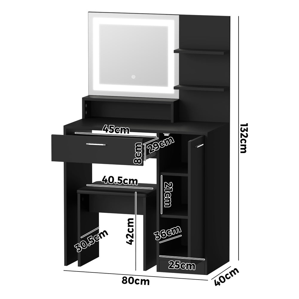 Oikiture Dressing Table Stool Set LED Light Large Cabinet Black-Dressing Table-PEROZ Accessories