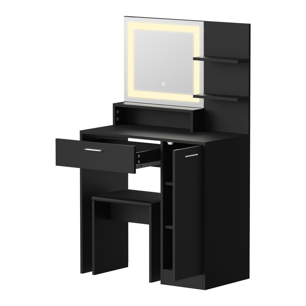 Oikiture Dressing Table Stool Set LED Light Large Cabinet Black-Dressing Table-PEROZ Accessories