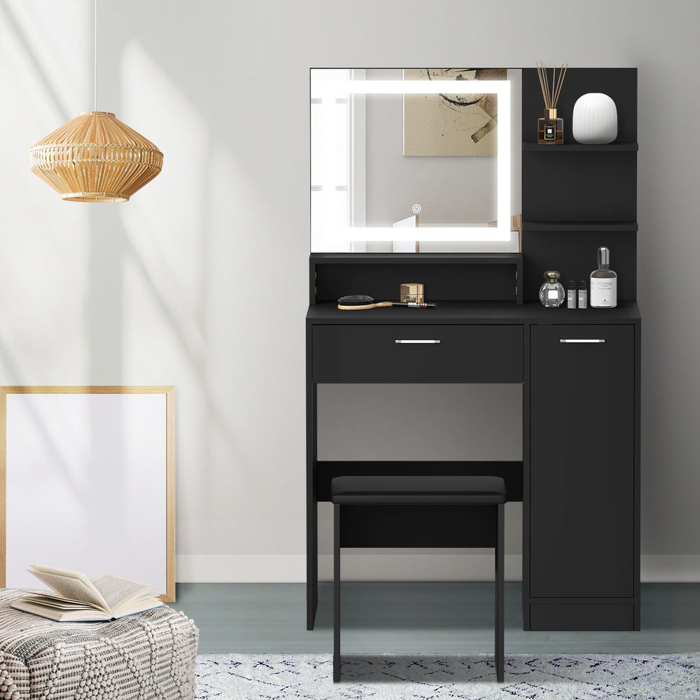 Oikiture Dressing Table Stool Set LED Light Large Cabinet Black-Dressing Table-PEROZ Accessories