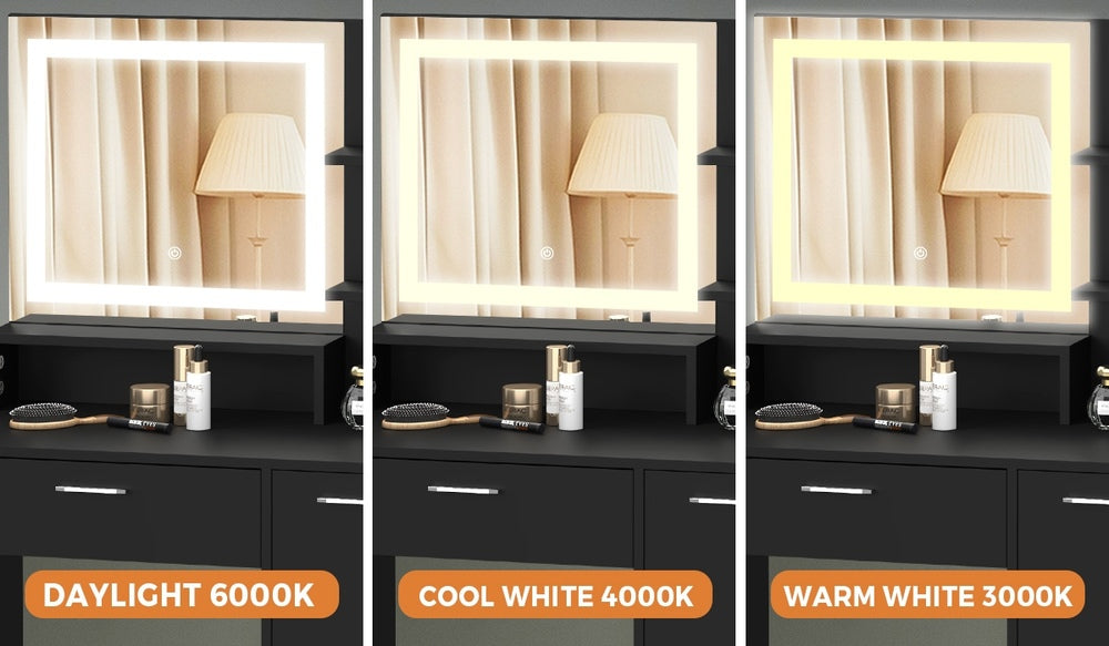 Oikiture Dressing Table Stool Set LED Light Large Cabinet Black-Dressing Table-PEROZ Accessories