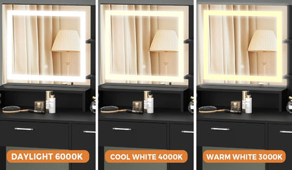 Oikiture Dressing Table Stool Set LED Light Large Cabinet Black-Dressing Table-PEROZ Accessories